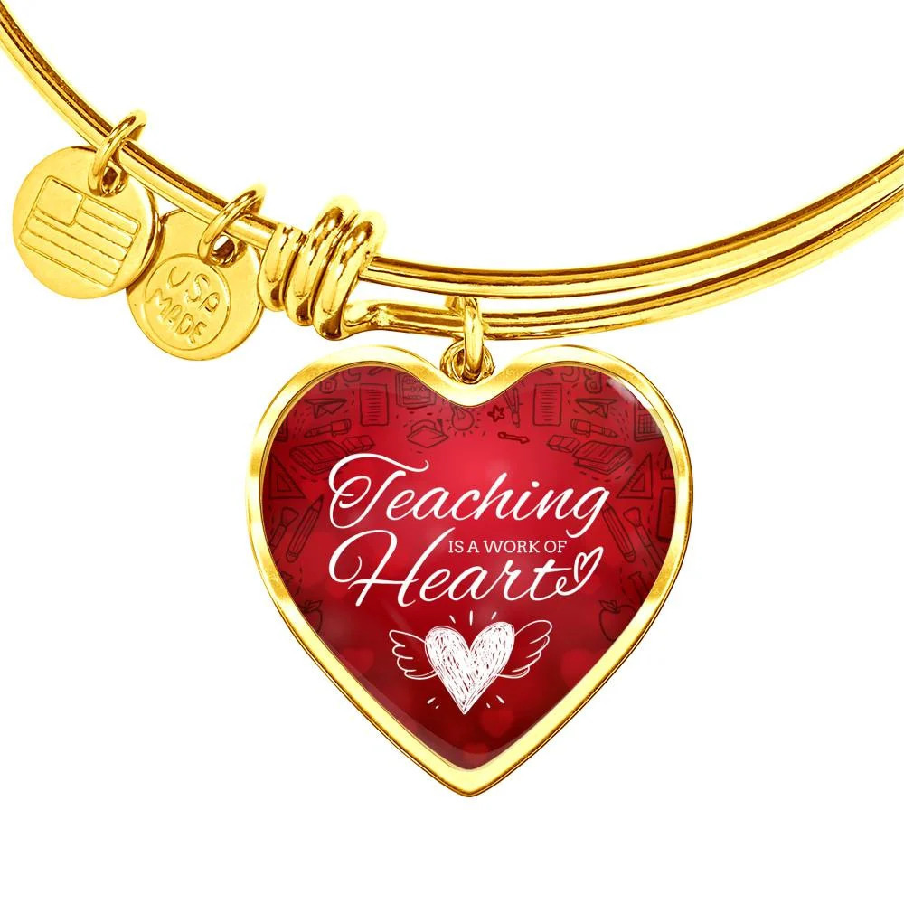 Teaching is a Work Of Heart Personalized Engraved Gold Heart Bangle Bracelet